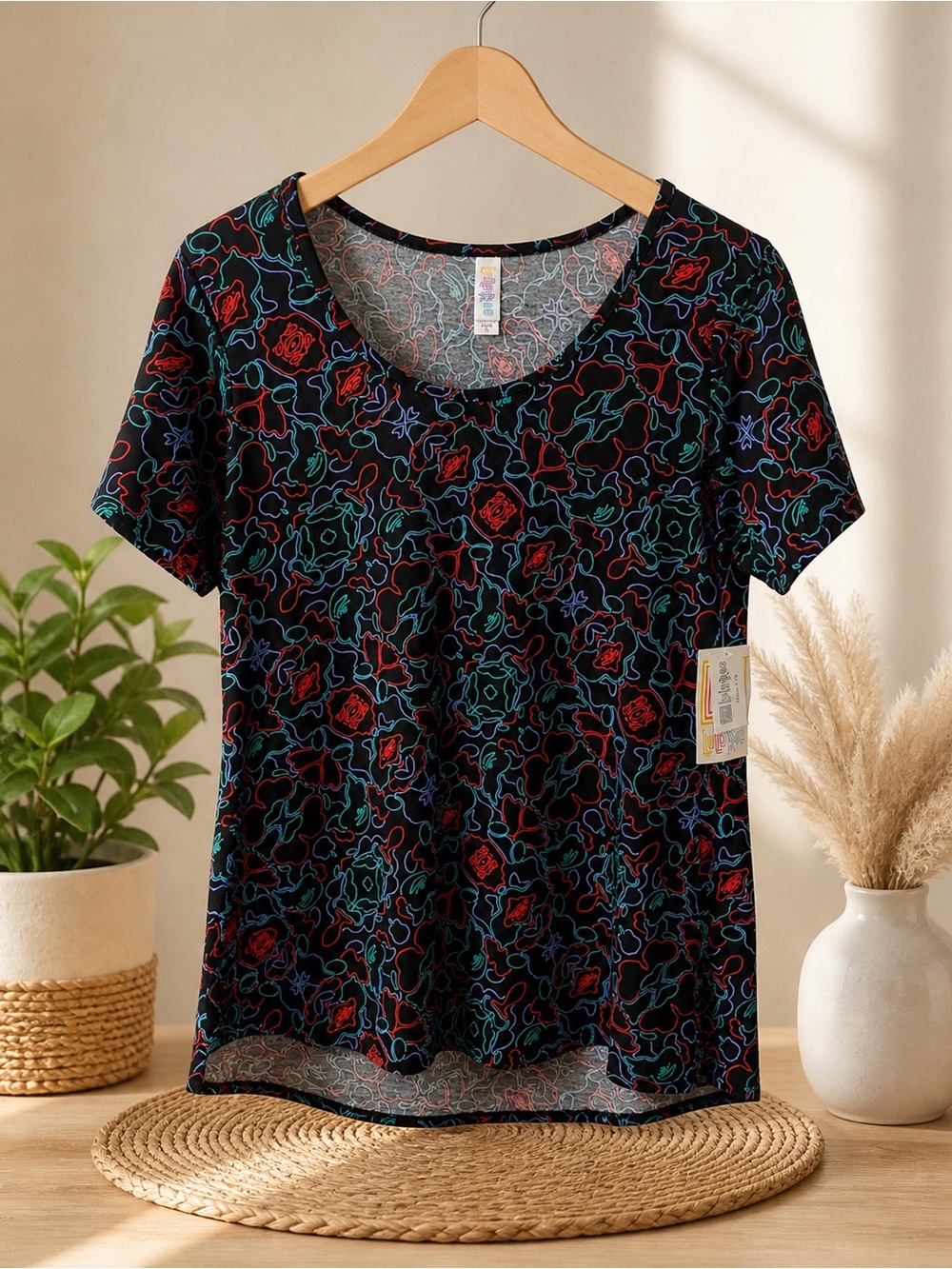Women's Black LulaRoe Floral Short Sleeve Tee - Multicolor Outline Print
